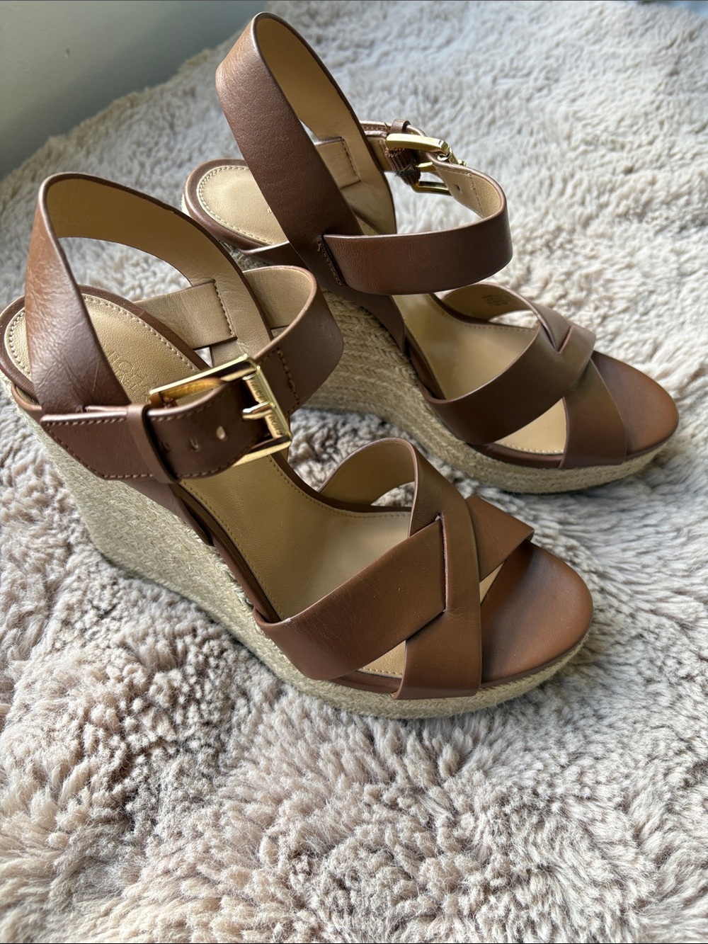 Michael Kors Brown Leather Espadrille Wedge Sandals